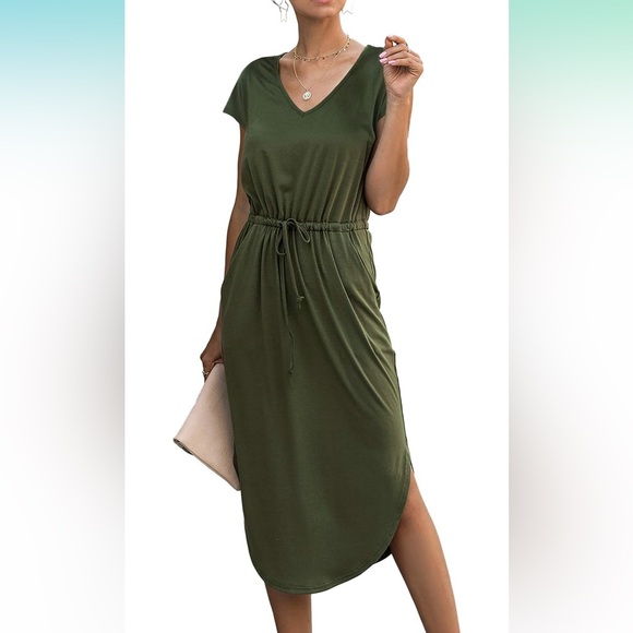 NWT! V-Neck Split-Side Drawstring Midi Dress - Picture 10 of 10